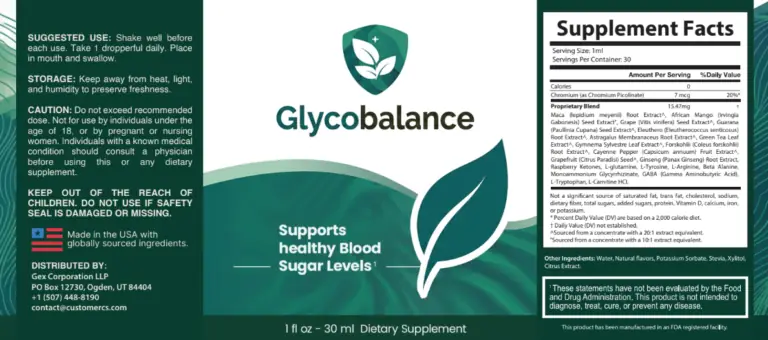 The Glycobalance product label, showing suggested use, cautions and the Supplement Facts panel